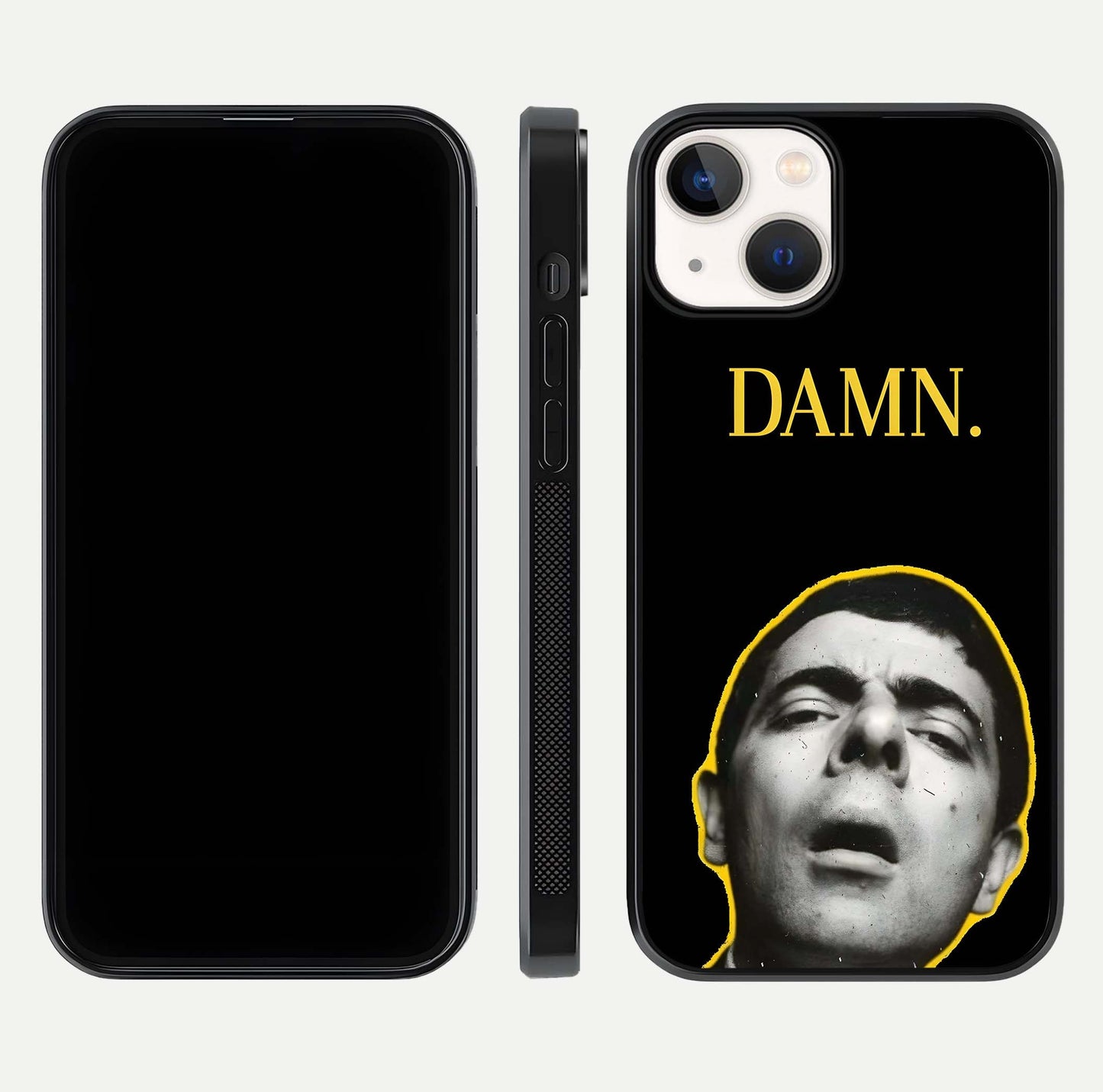 Mr Bean Damn Glass Case for iPhone 13 Mini front & back layout displaying fun artwork and curved smooth edges