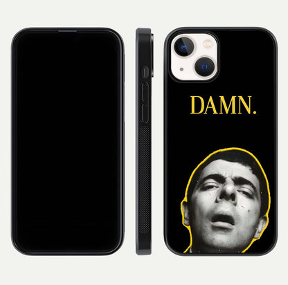 Mr Bean Damn Glass Case for iPhone 13 Mini front & back layout displaying fun artwork and curved smooth edges