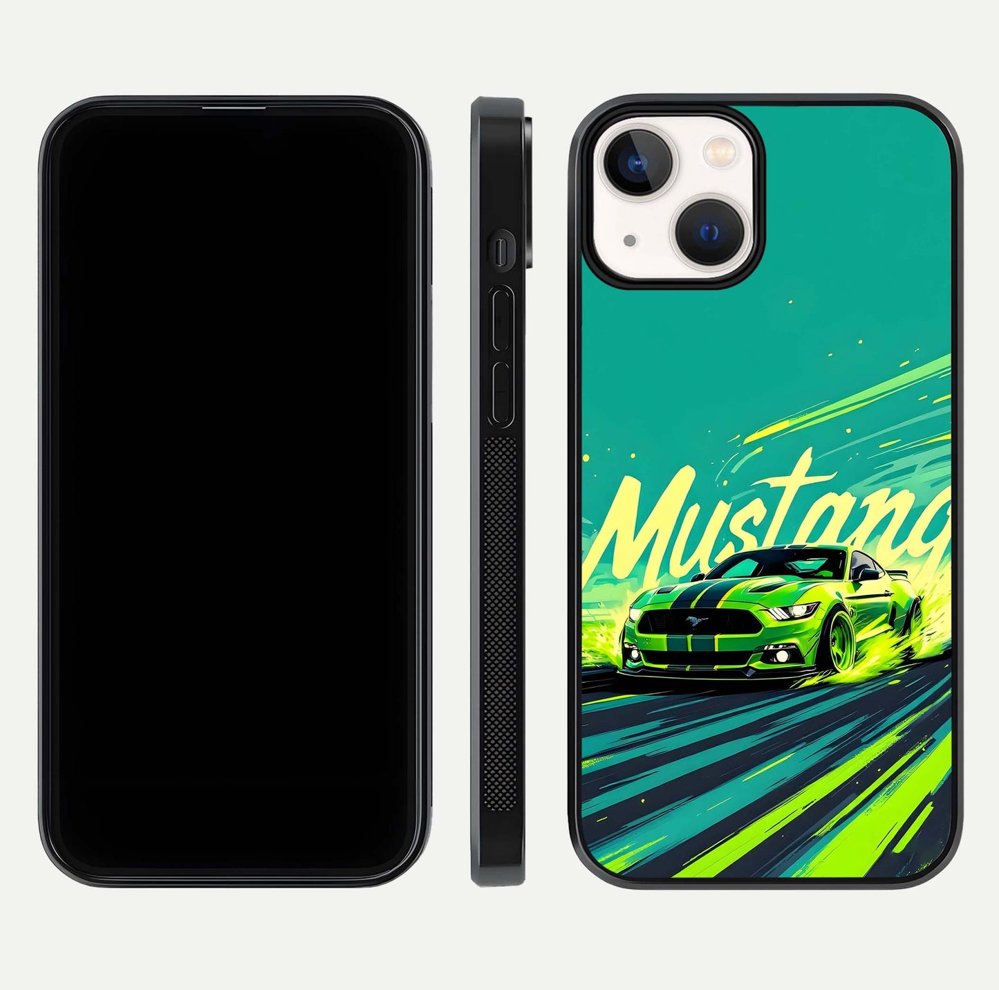 Mustang Bang Glass Case for iPhone 13 Mini front & back layout highlighting dark automotive tones and edge detail