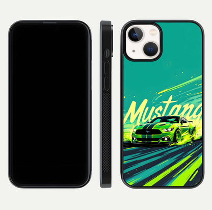 Mustang Bang Glass Case for iPhone 13 Mini front & back layout highlighting dark automotive tones and edge detail