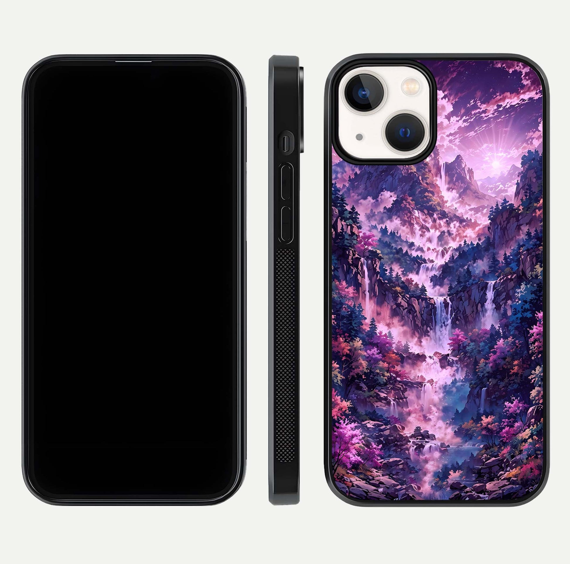 Mystic Cascade Peaks Glass Case for iPhone 13 Mini front & back layout highlighting HD landscape tones