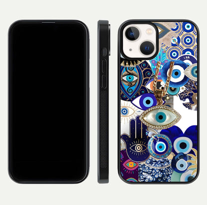 Mystic Charm Eye Glass Case for iPhone 13 Mini front & back layout highlighting spiritual design and edges