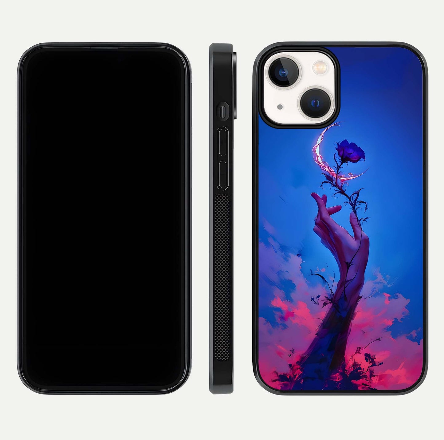 Mystic Hand Glass Case for iPhone 13 Mini front & back layout highlighting mystic design and smooth edges
