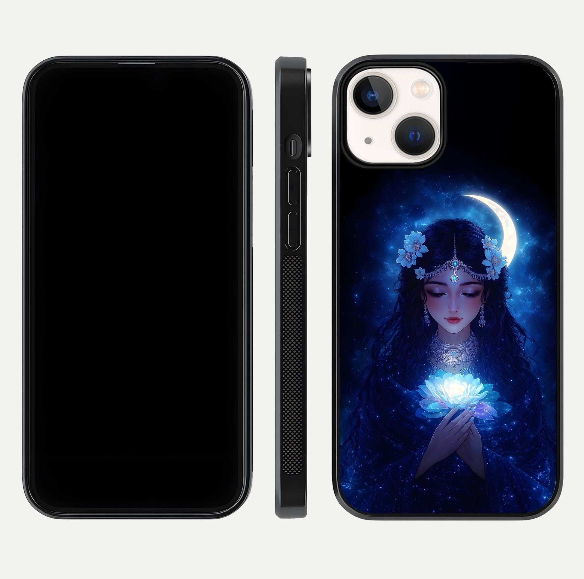 Mystic Moon Queen Glass Case for iPhone 13 Mini front & back layout highlighting divine illustration and edges