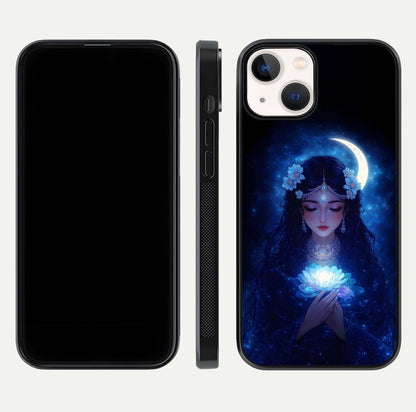 Mystic Moon Queen Glass Case for iPhone 13 Mini front & back layout highlighting divine illustration and edges
