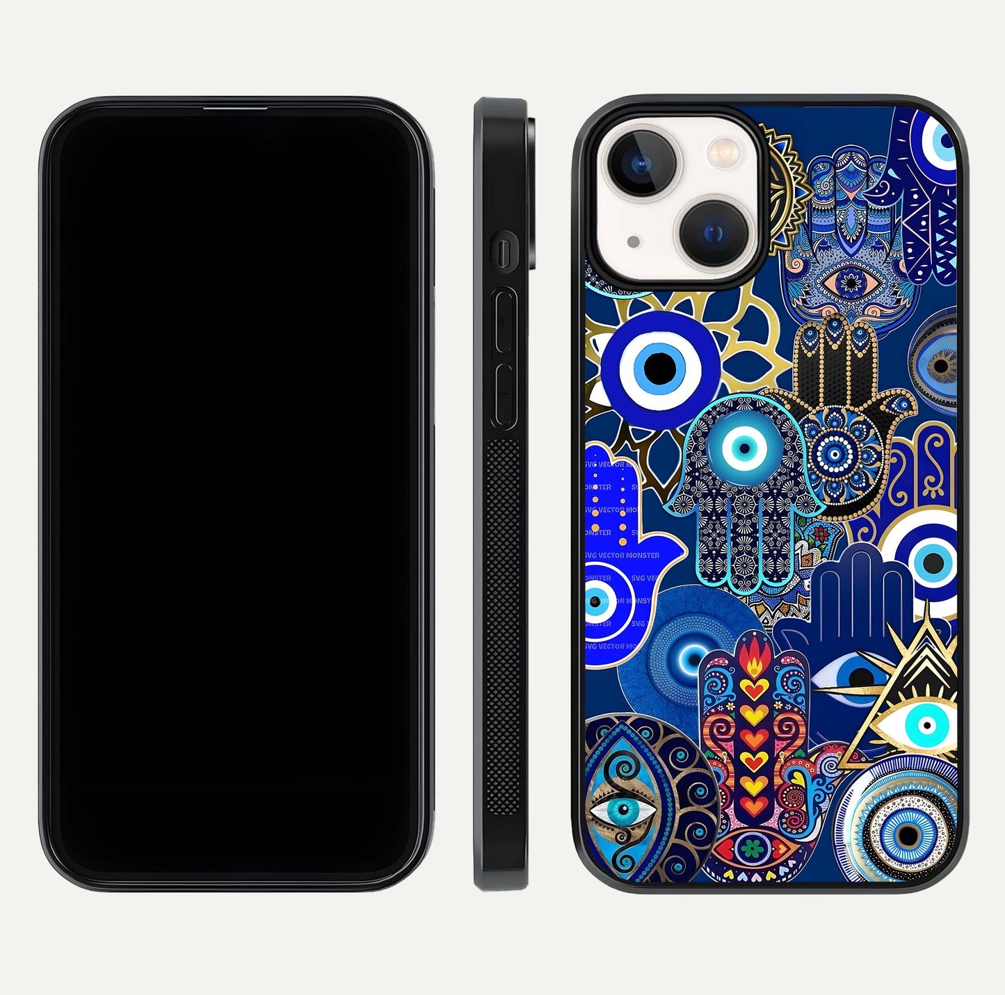 Mystic Palm Guard Glass Case for iPhone 13 Mini front & back layout highlighting spiritual art and edge finish