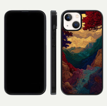 Mystic Valley Light Glass Case for iPhone 13 Mini front & back layout displaying landscape tones and edges