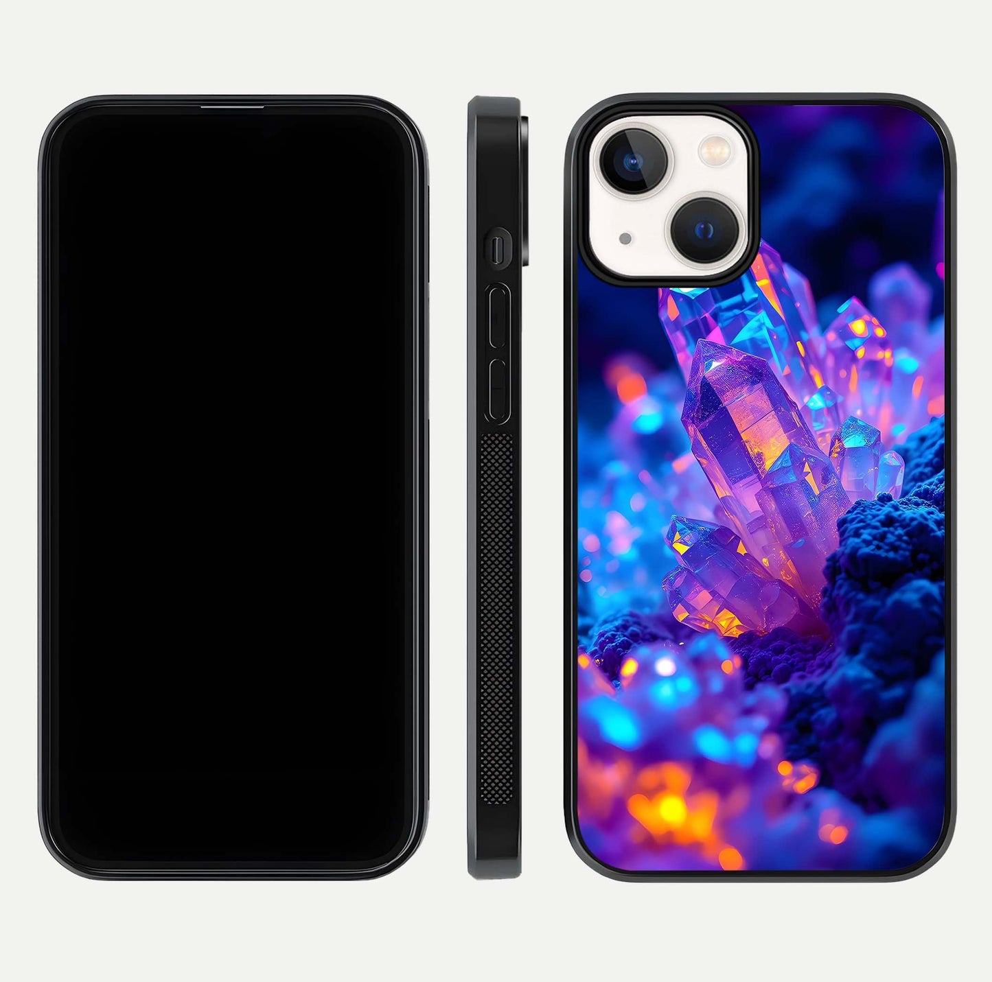 Neon Aura Shards Glass Case for iPhone 13 Mini front & back layout showing vivid tones and edge finish