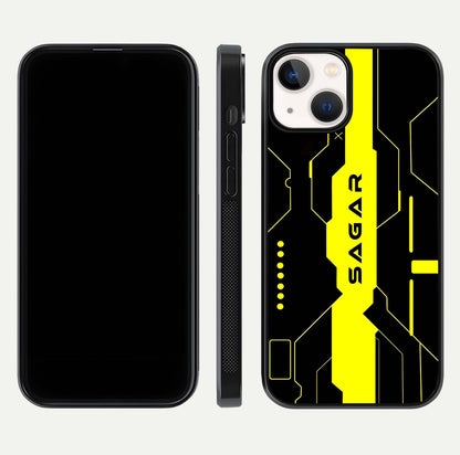 Neon CYBERPUNK Custom Name Glass Case for iPhone 13 Mini front & back layout showing tech art and custom edge