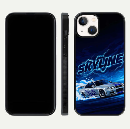 Neon Drift Beast Glass Case for iPhone 13 Mini front & back layout showing car silhouette and edge design
