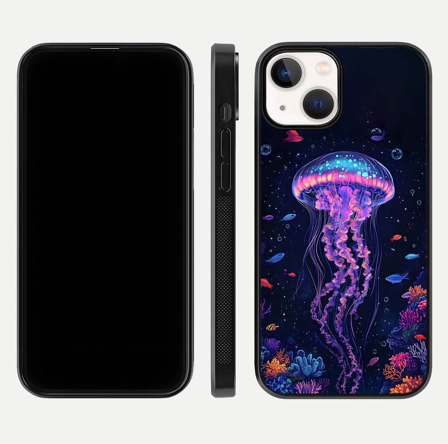 Neon Jellyfish Glass Case for iPhone 13 Mini front & back layout highlighting HD marine art and curved edges