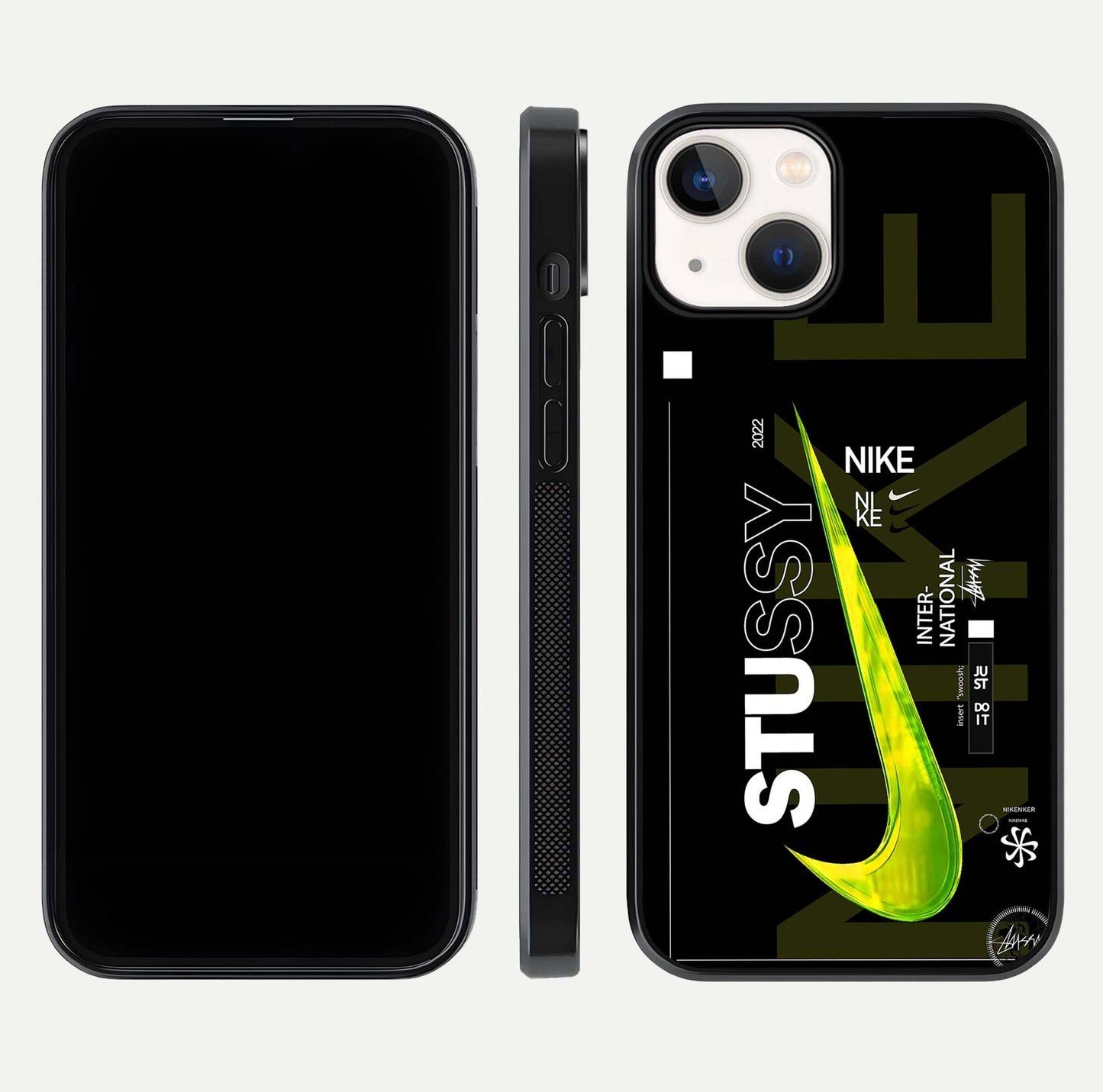 Neon Street Edition Glass Case for iPhone 13 Mini front & back layout highlighting street art vibe and edges