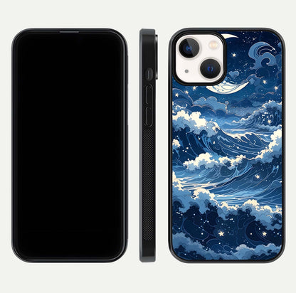 Ocean Moon Waves Glass Case for iPhone 13 Mini front & back layout highlighting water flow and smooth edges