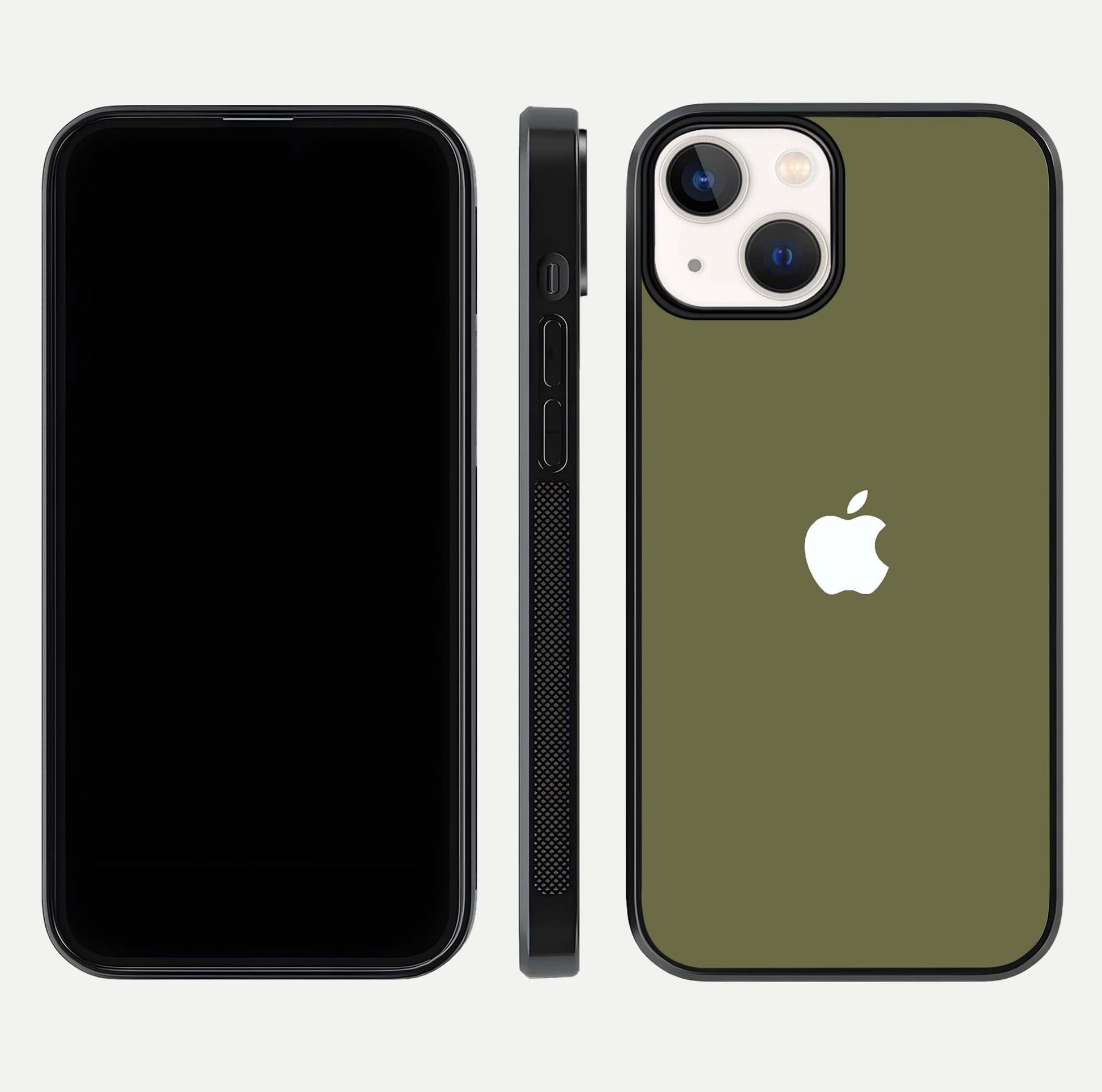 Olive Matte Essence Glass Case for iPhone 13 Mini front & back layout highlighting simple design and clean edges