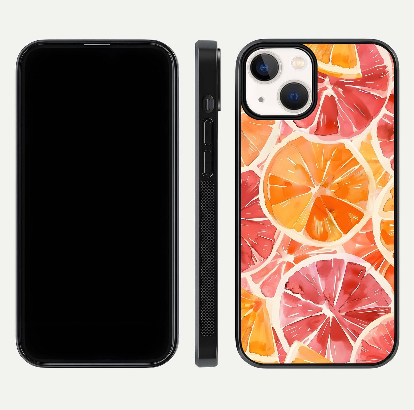 Orange Fruits Pattern Glass Case for iPhone 13 Mini front & back layout highlighting bright colors and clean edges