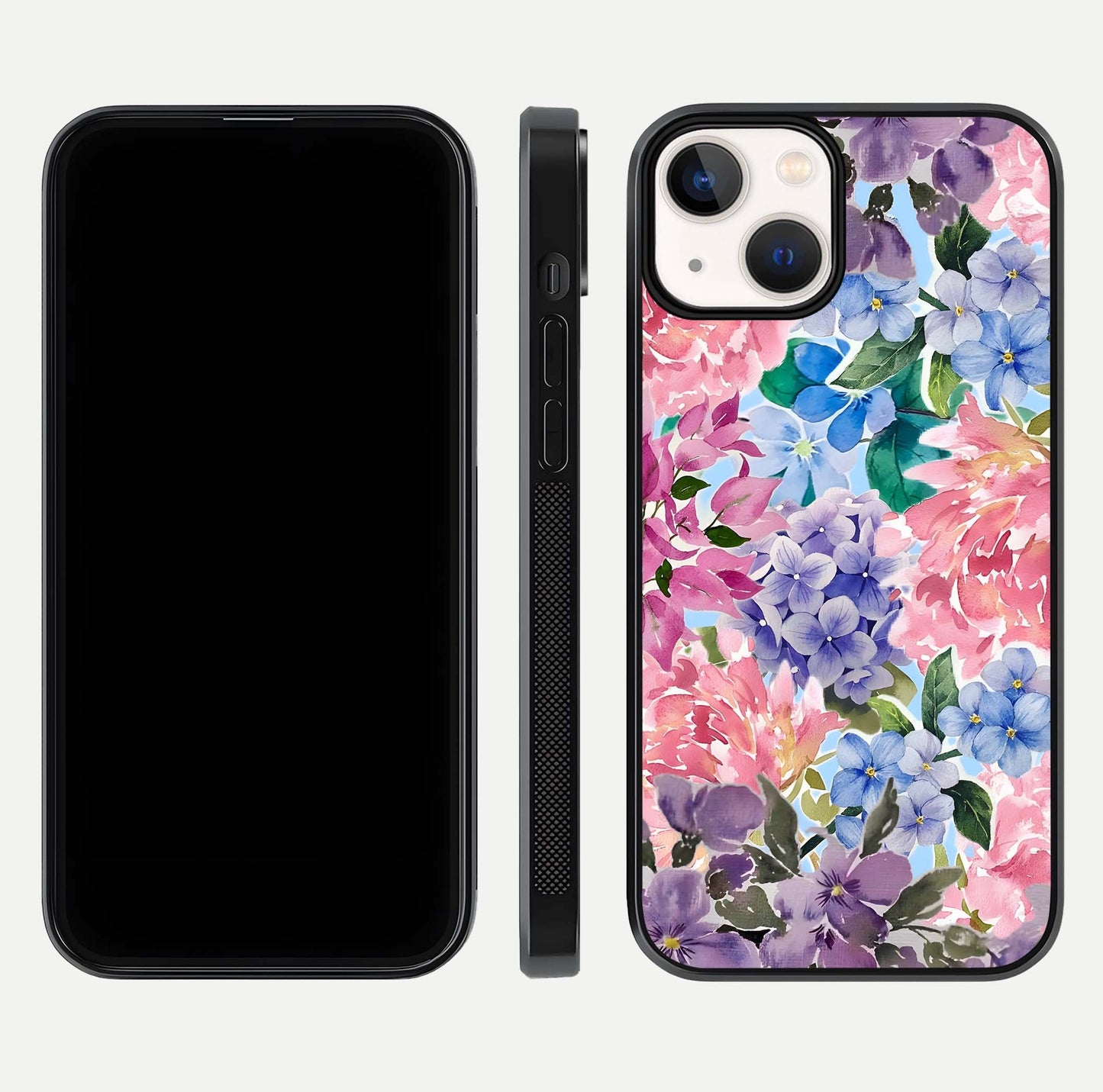 Pastel Floral Mix Glass Case for iPhone 13 Mini front & back layout showing gentle tones and elegant edges