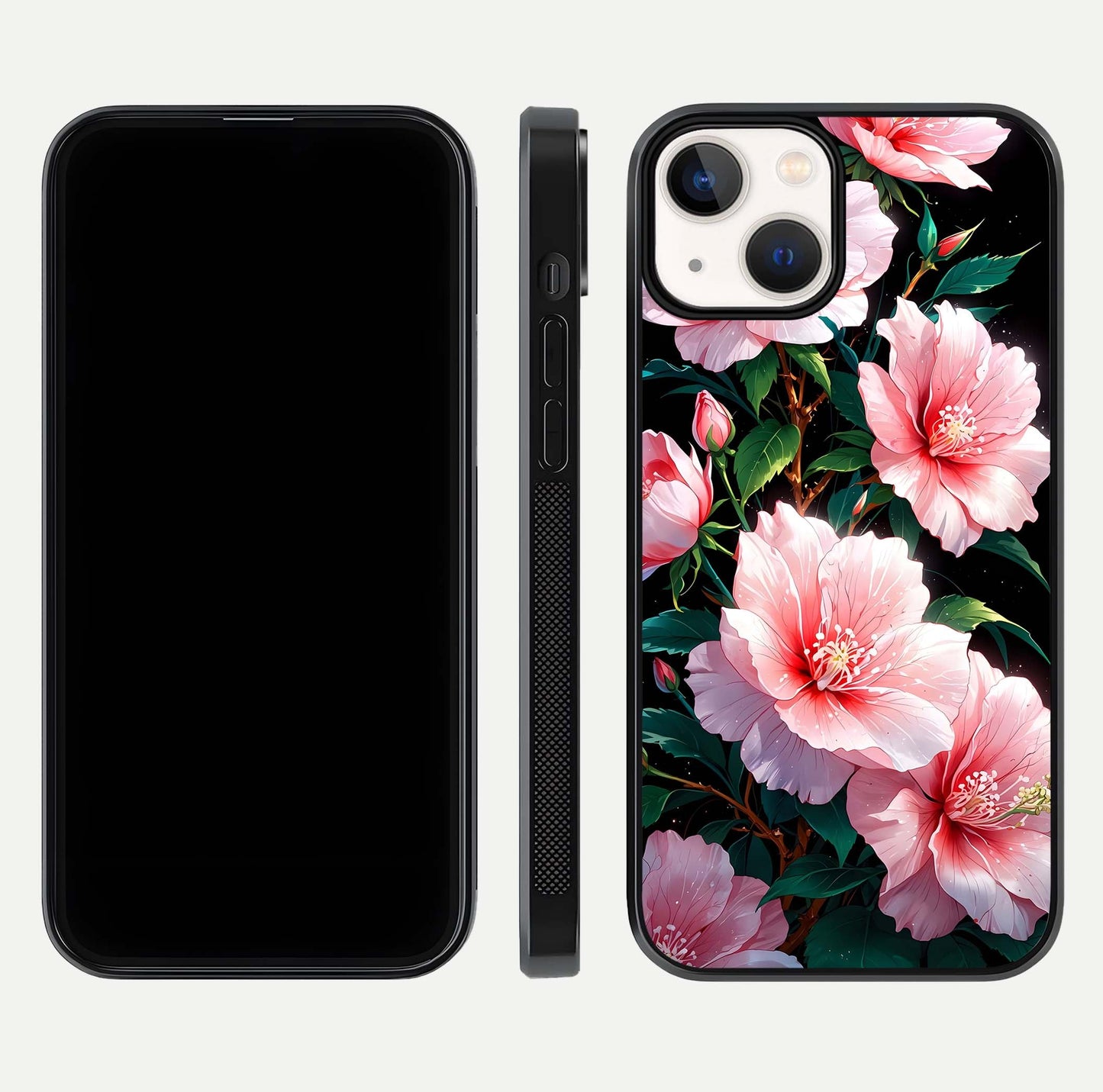 Peach Flower Glass Case for iPhone 13 Mini front & back layout showing elegant floral tones and smooth edges