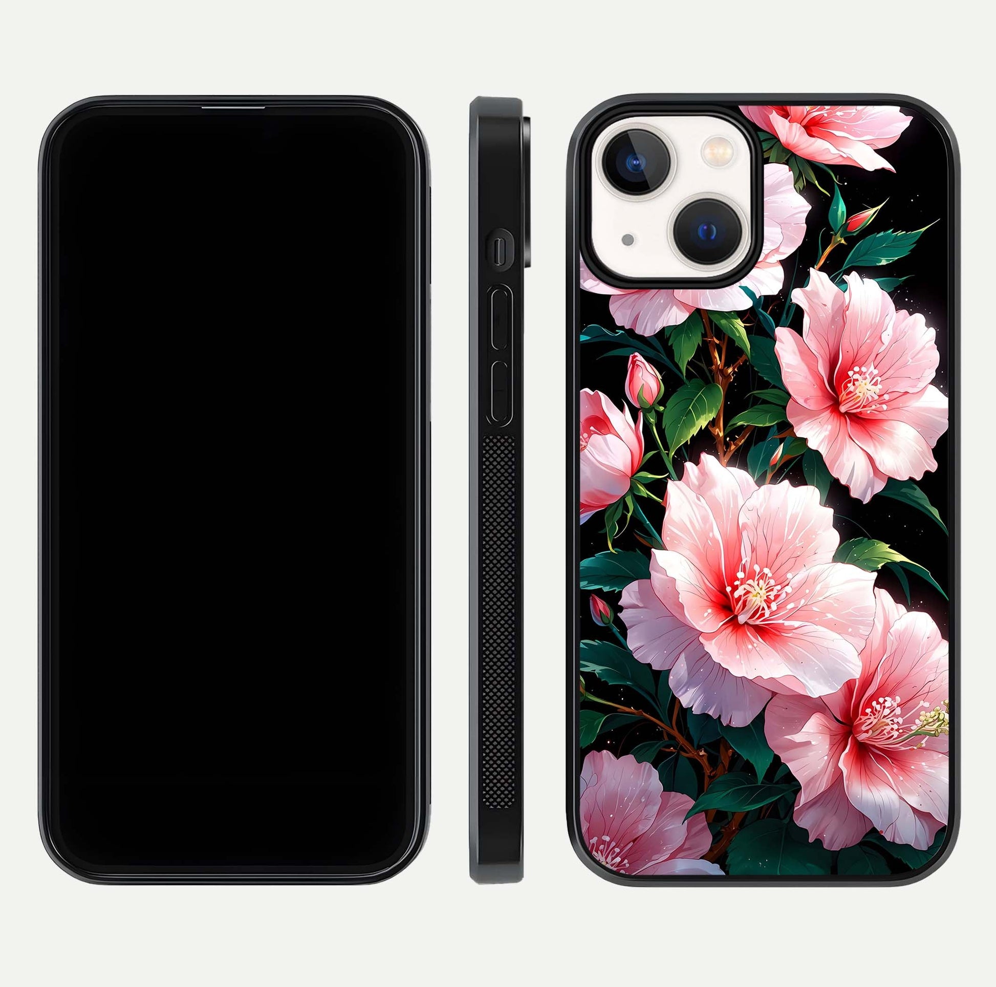 Peach Flower Glass Case for iPhone 13 Mini front & back layout showing elegant floral tones and smooth edges