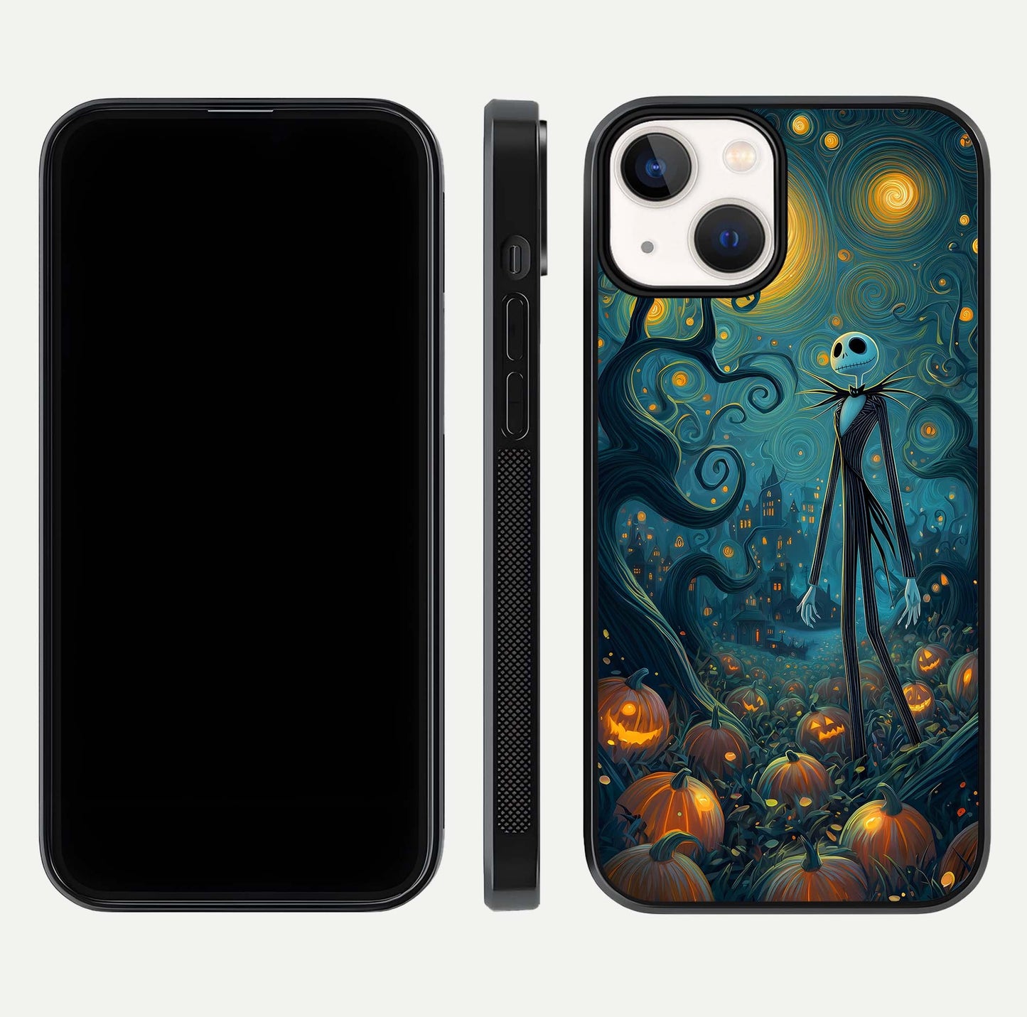 Pumpkin Moonlight Tale Glass Case for iPhone 13 Mini front & back layout showing festive orange tone and edges