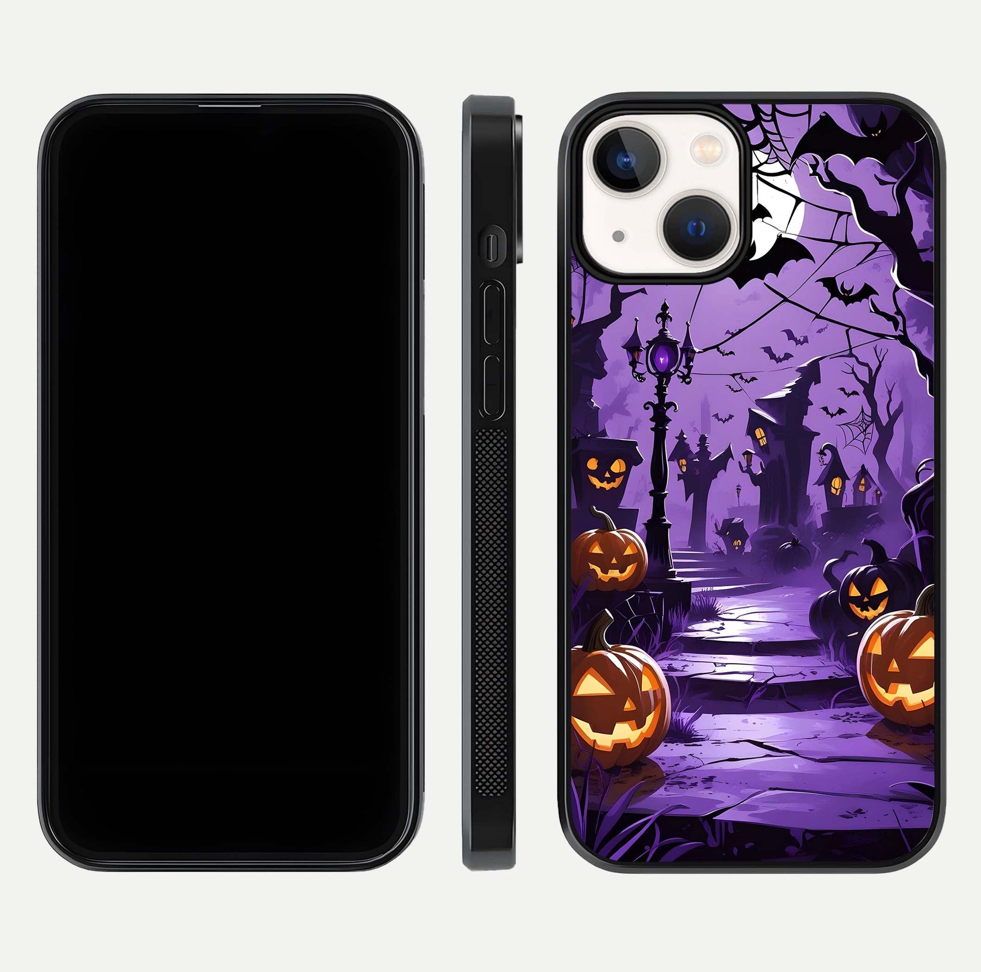 Pumpkin Patch Halloween Glass Case for iPhone 13 Mini front & back layout showing festive Halloween print