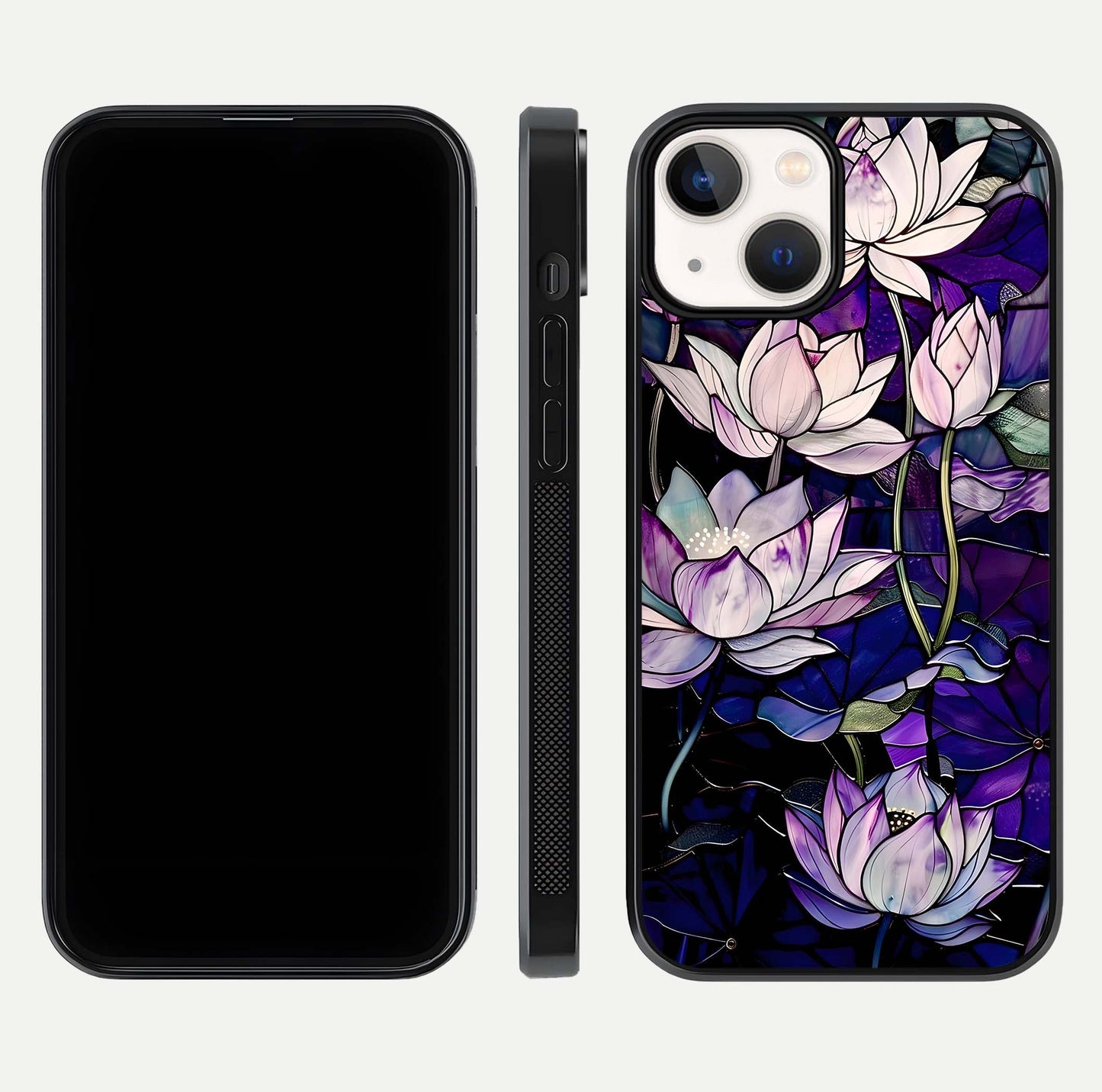 Purple Lotus Pattern Glass Case for iPhone 13 Mini front & back layout highlighting floral tones and soft edges