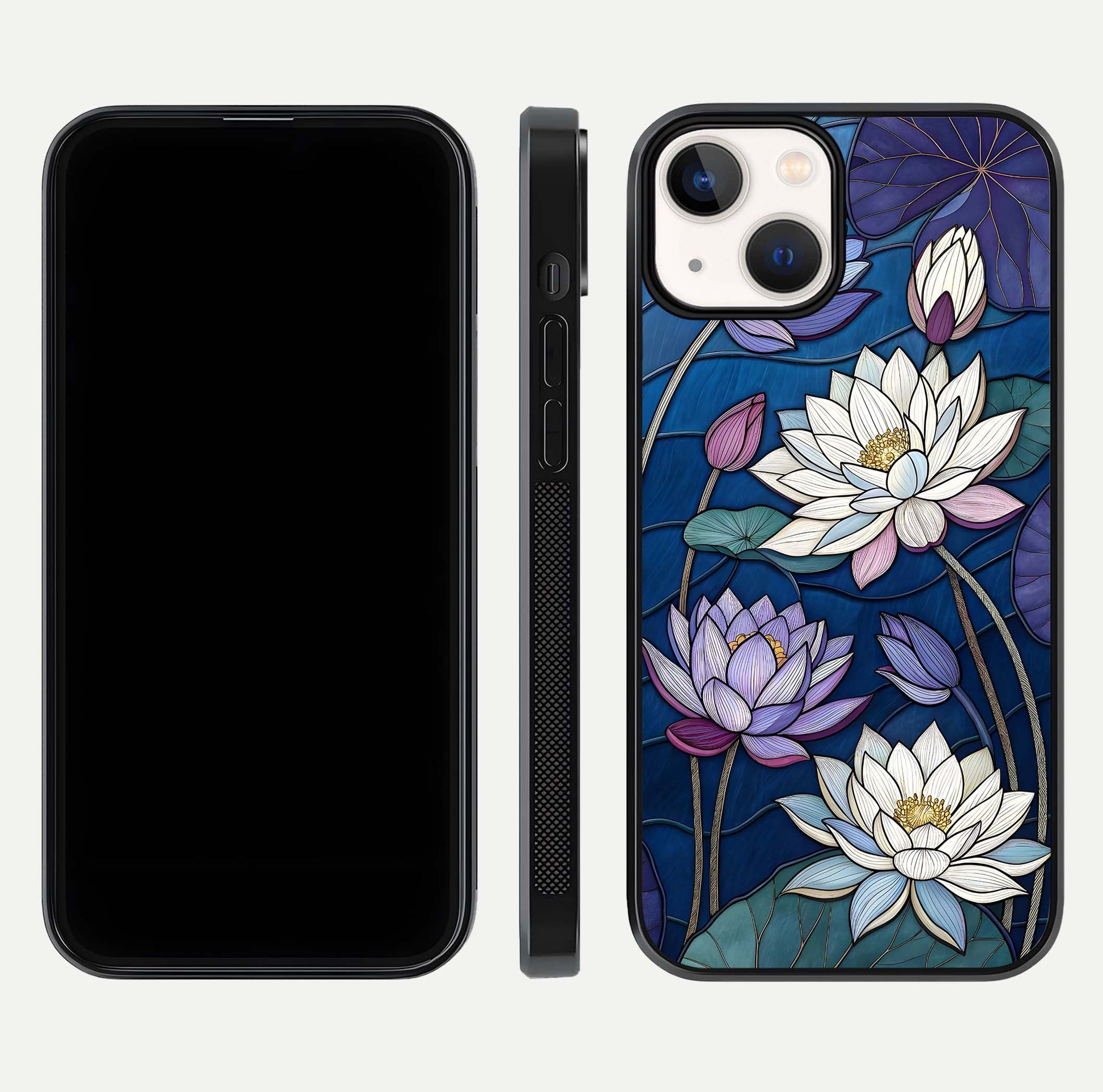 Purple Lotus Stained Glass Case for iPhone 13 Mini front & back layout showing bright tones and smooth edge finish