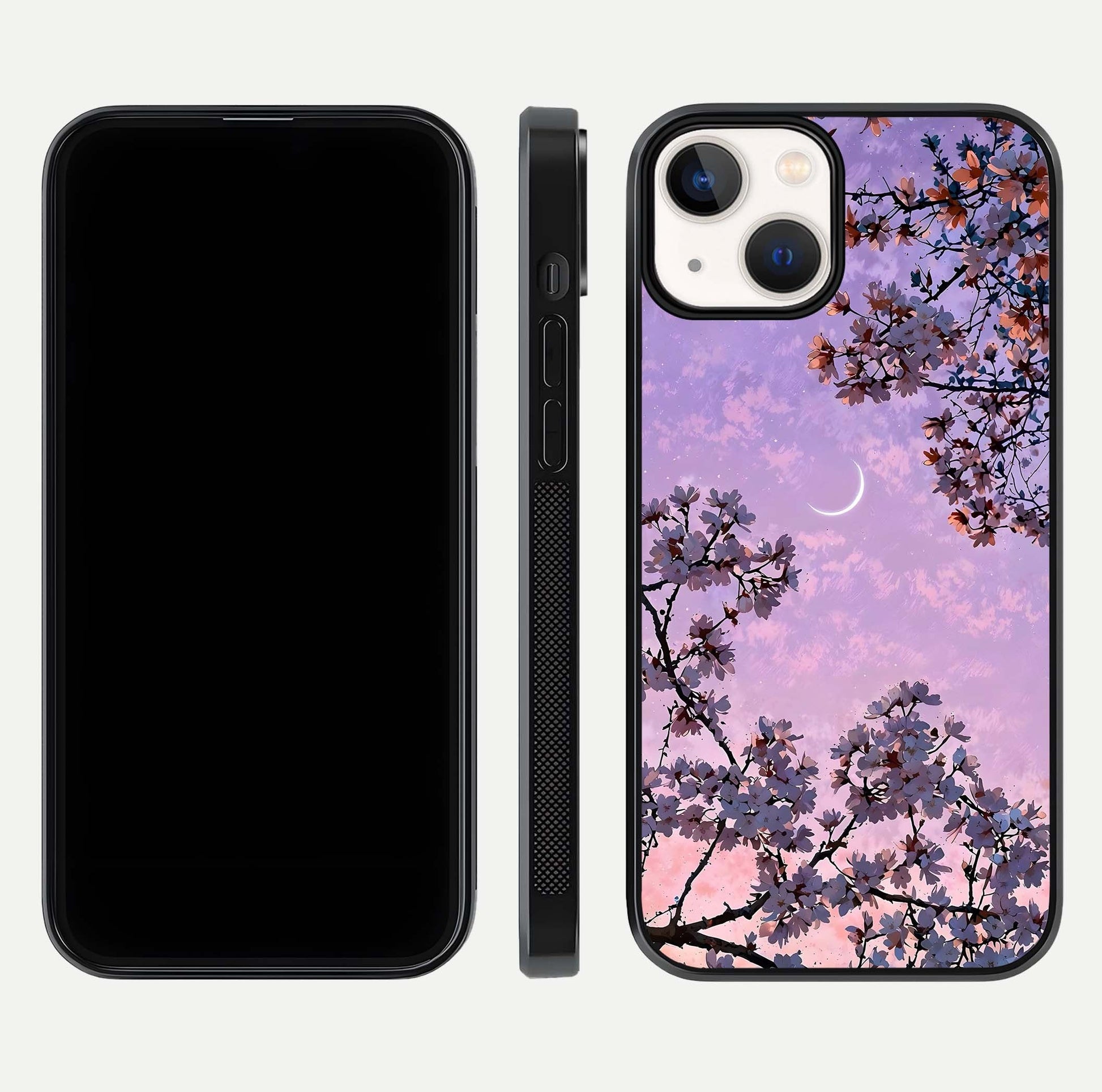 Purple Serenity Moon Glass Case for iPhone 13 Mini front & back layout highlighting celestial tones and curves
