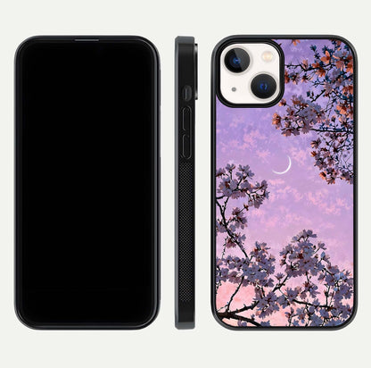 Purple Serenity Moon Glass Case for iPhone 13 Mini front & back layout highlighting celestial tones and curves