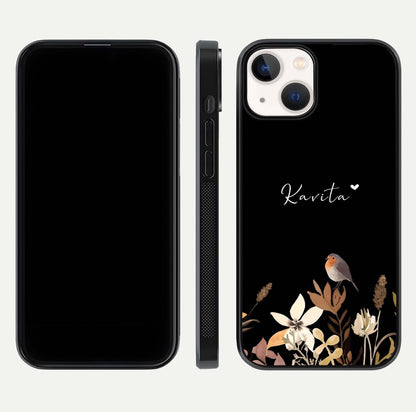 Quiet Garden Tune Custom Name Glass Case for iPhone 13 Mini front & back layout highlighting name area and edges