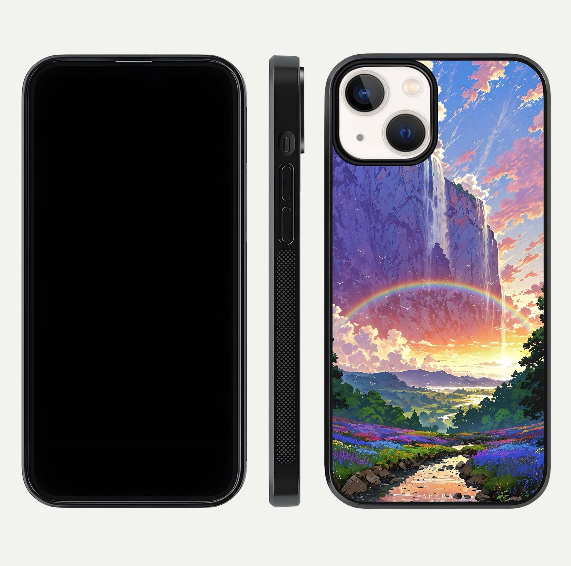 Rainbow Valley Dream Glass Case for iPhone 13 Mini front & back layout showing smooth color blend and curved edge