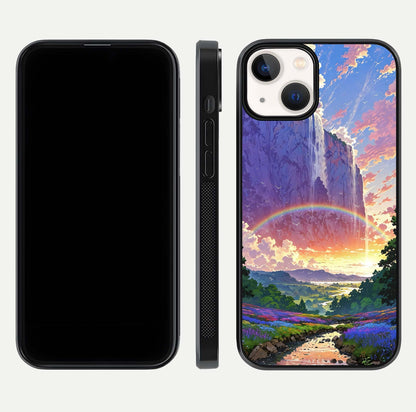 Rainbow Valley Dream Glass Case for iPhone 13 Mini front & back layout showing smooth color blend and curved edge