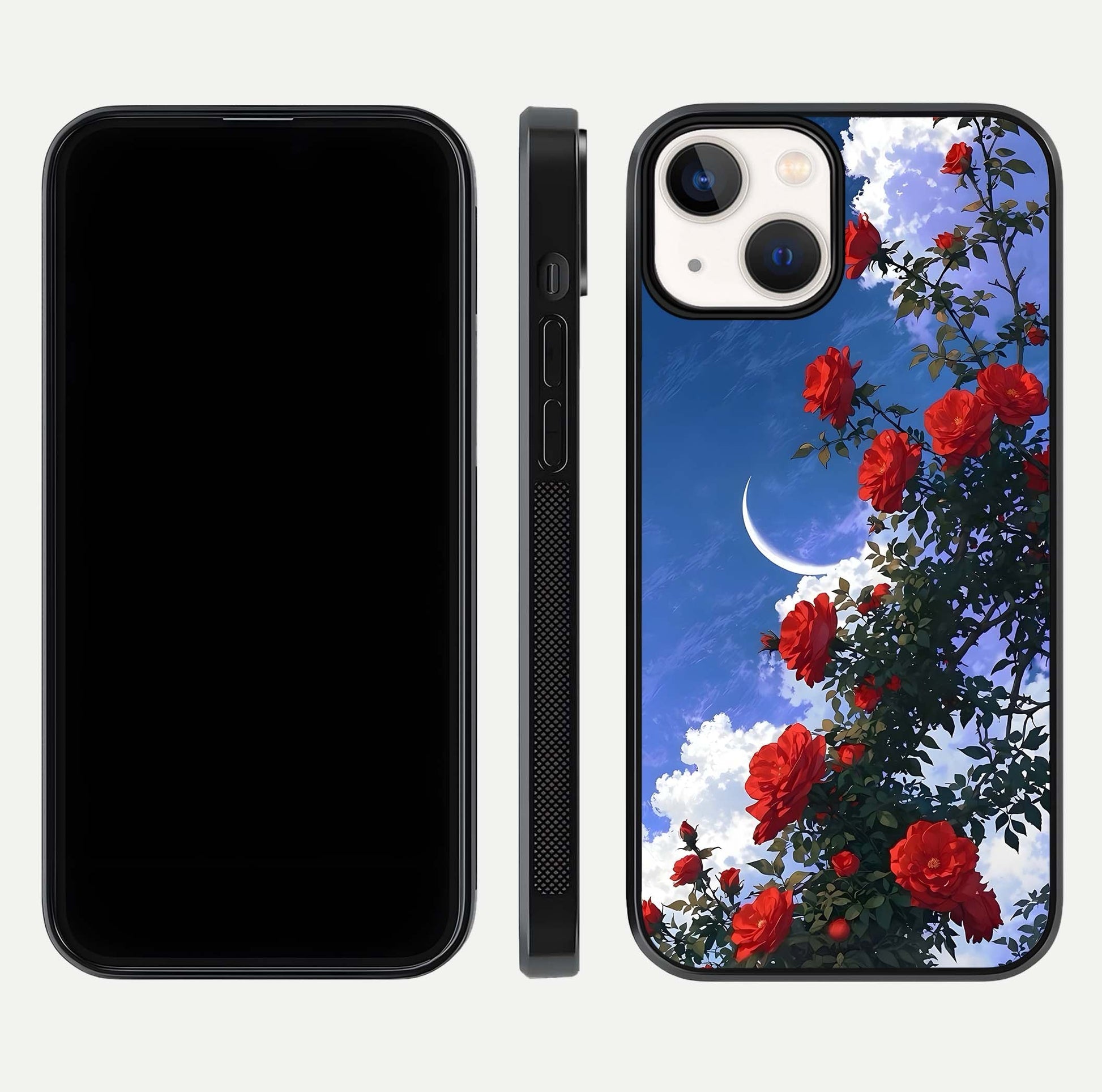 Rose Drift Flowers Glass Case for iPhone 13 Mini front & back layout showing rose gradient tones and edges