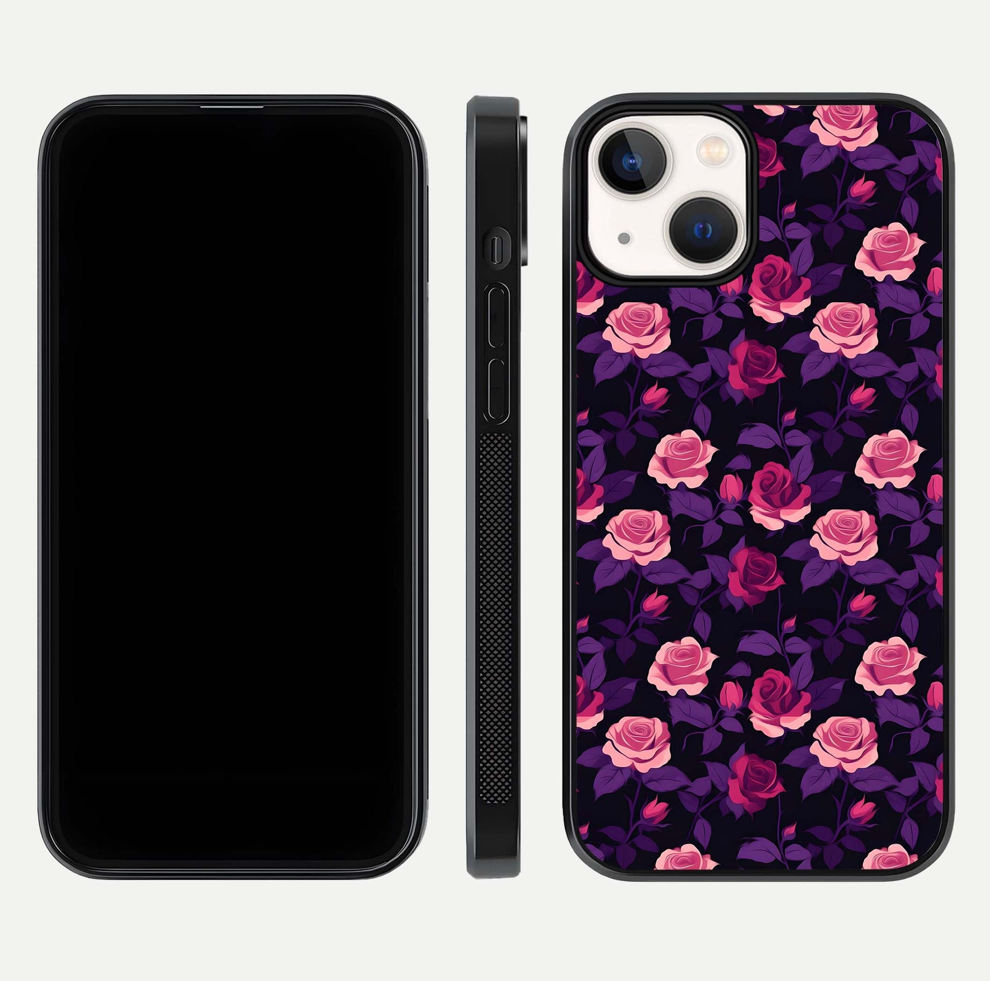 Rose Garden Twilight Glass Case for iPhone 13 Mini front & back layout showing rich twilight tones and edges