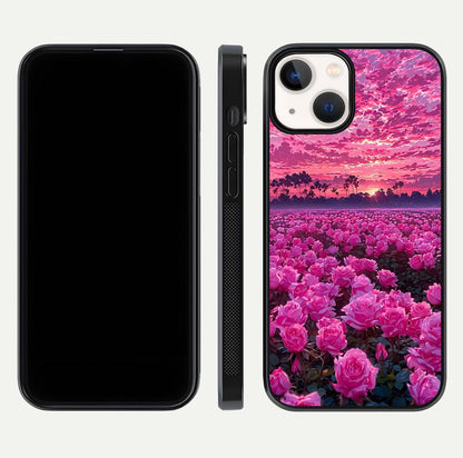 Rose Sunset Valley Glass Case for iPhone 13 Mini front & back layout highlighting gradient tones and glass shine