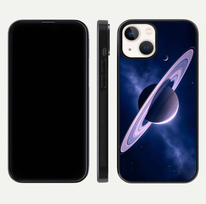 Saturn Ring Mystique Glass Case for iPhone 13 Mini front & back layout showing cosmic tones and edge glow