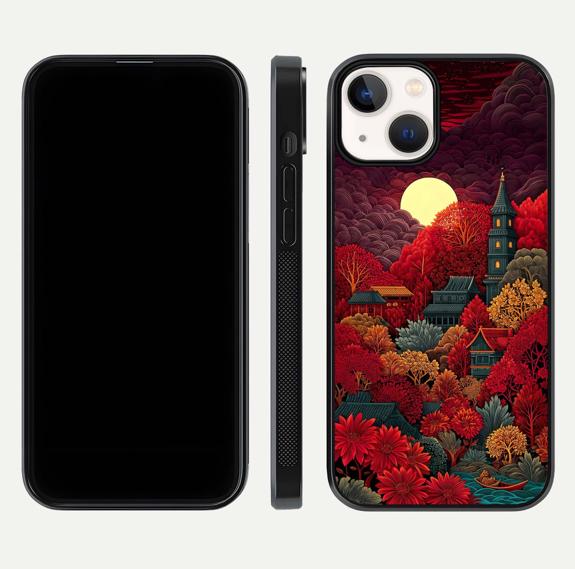 Scarlet Autumn Temple Glass Case for iPhone 13 Mini front & back layout showing scenic tones and curved edges