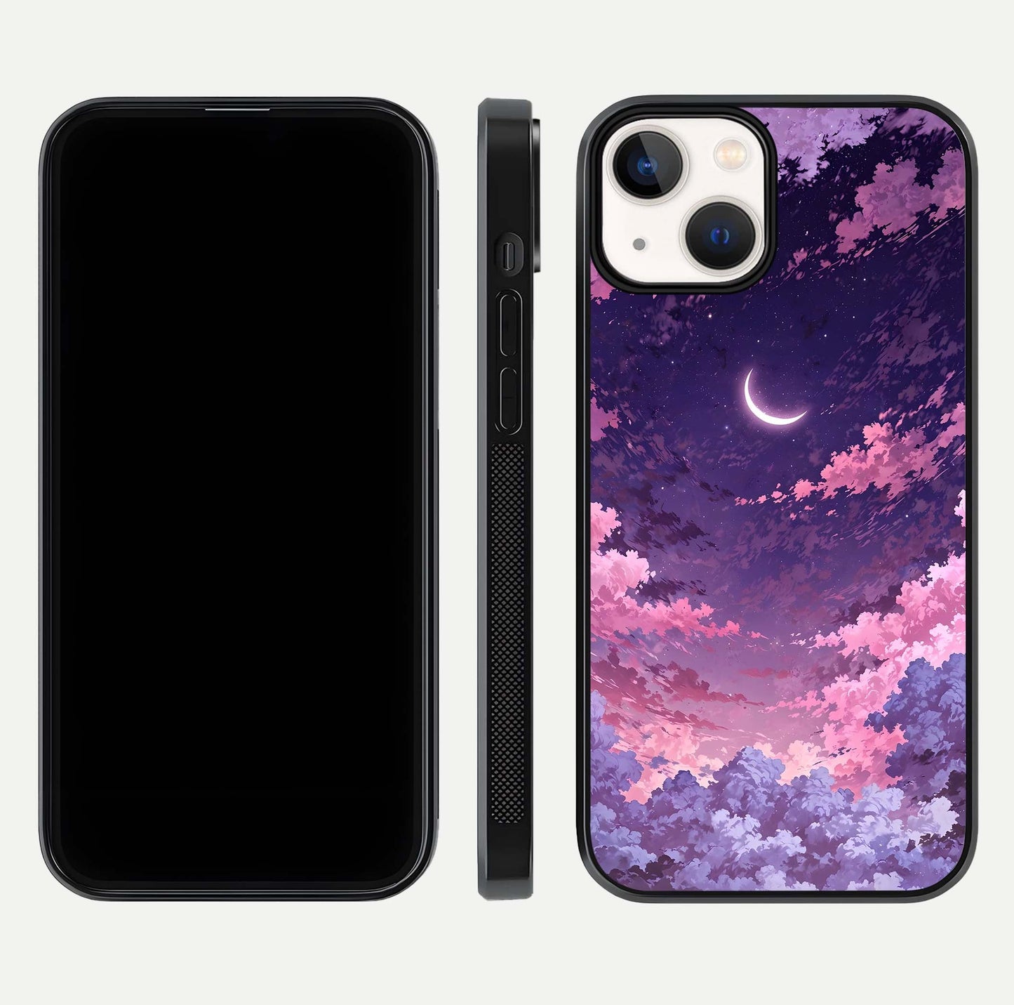 Sky Drift Clouds Glass Case for iPhone 13 Mini front & back layout showing sky tones and smooth edge design