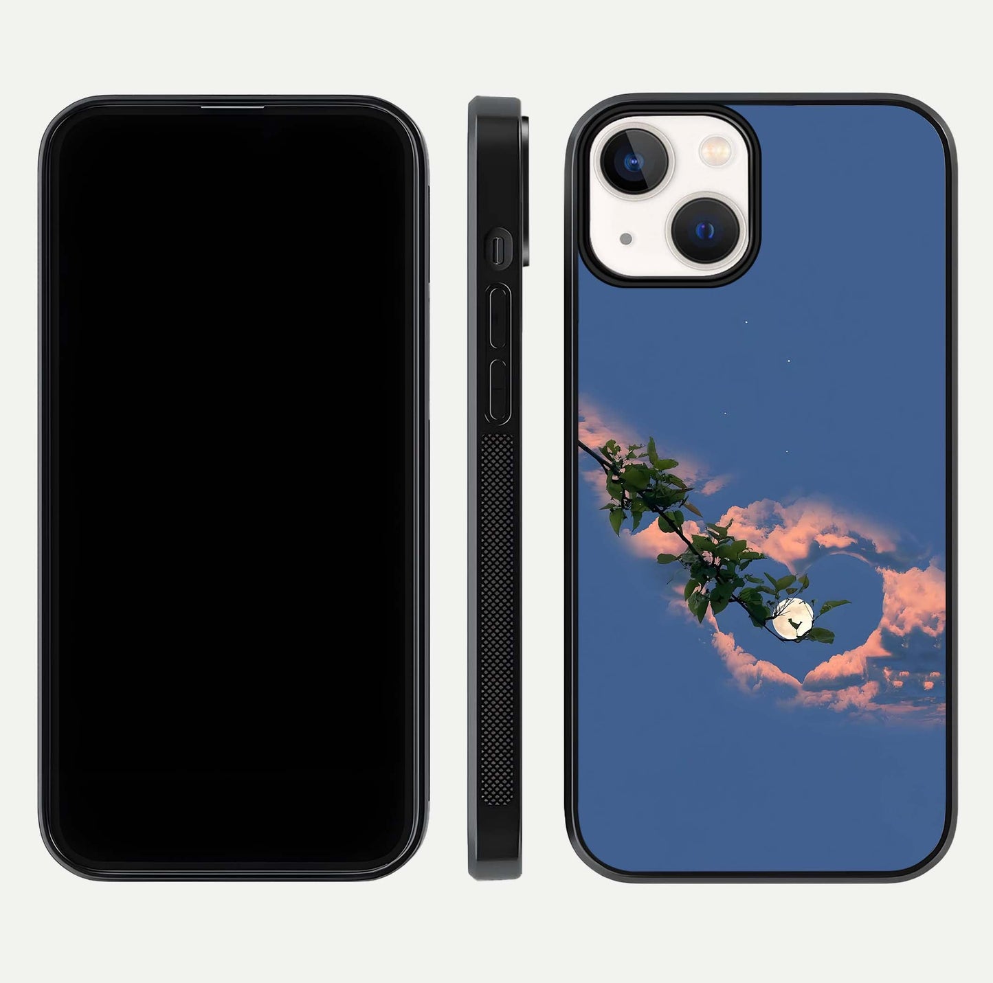 Sky Under Tree Glass Case for iPhone 13 Mini front & back layout showing sky tones and curved glass edge