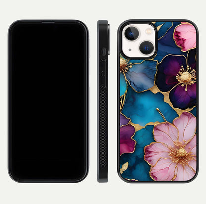 Sparkle Floral Glass Case for iPhone 13 Mini front & back layout showing floral print and edge clarity