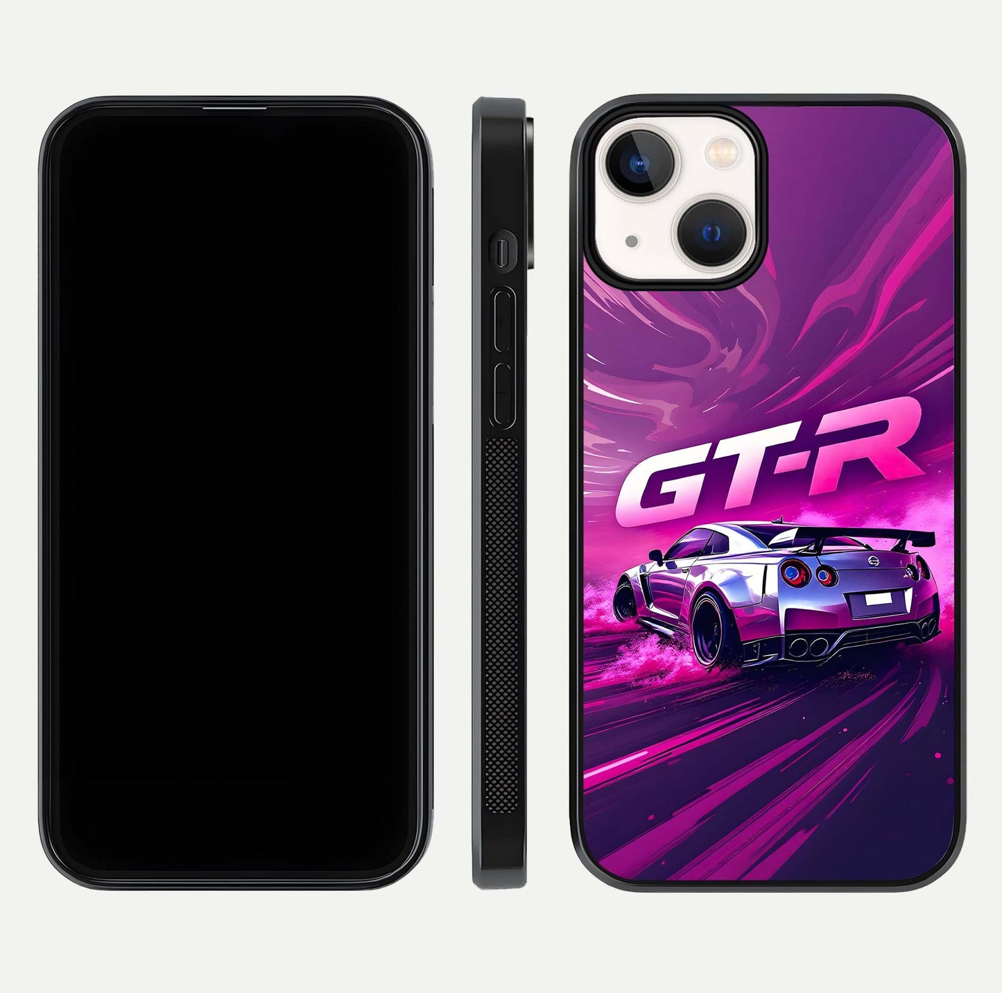 Speed Drift Legend Glass Case for iPhone 13 Mini front & back layout showing bold tones and smooth edges