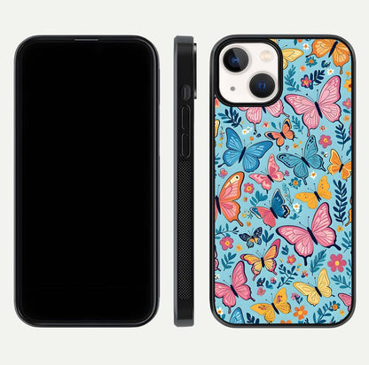 Spring Wing Garden Glass Case for iPhone 13 Mini front & back layout showing soft tones and elegant glass design