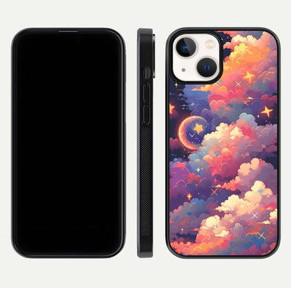 Starlit Dream Clouds Glass Case for iPhone 13 Mini front & back layout showing gradient tones and smooth edge