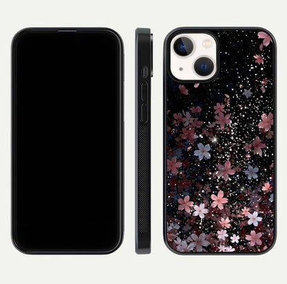 Starlit Flower Dreams Glass Case for iPhone 13 Mini front & back layout showing soft bloom design and curved edge