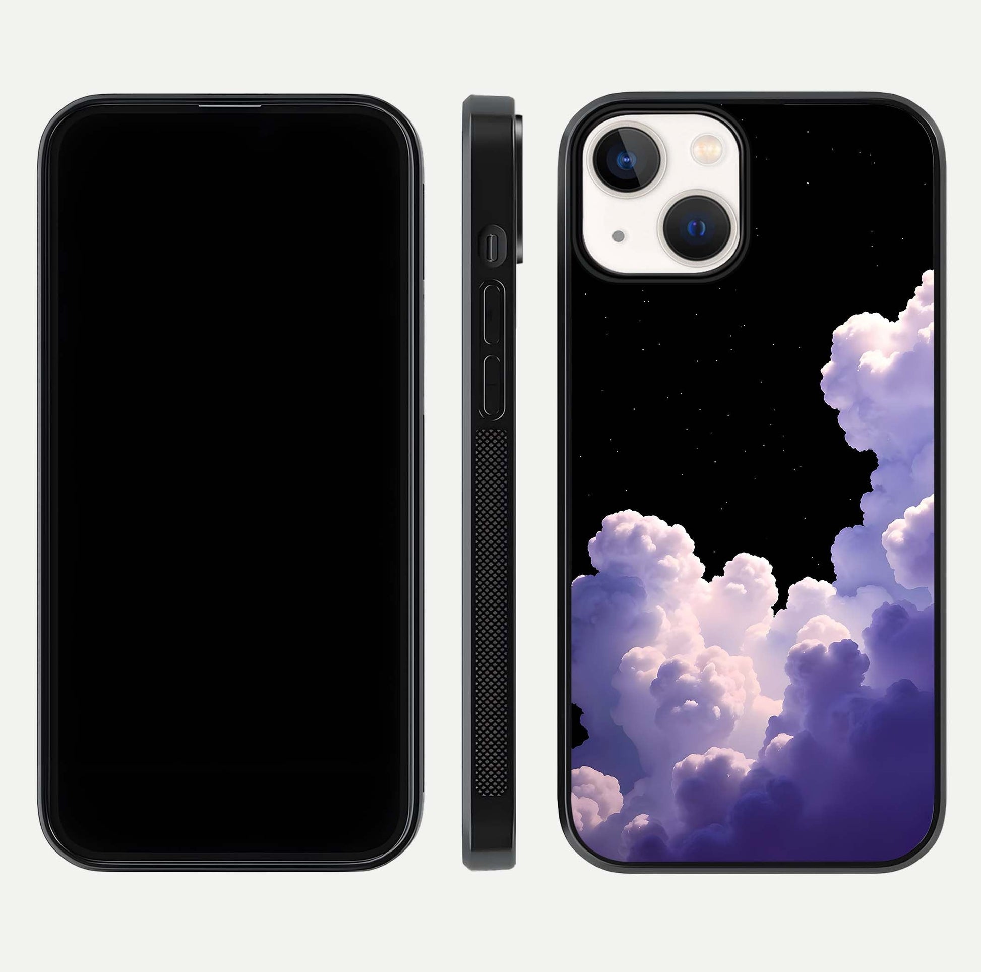 Starlit Night Whispers Glass Case for iPhone 13 Mini front & back layout showing moon tones and curved edges