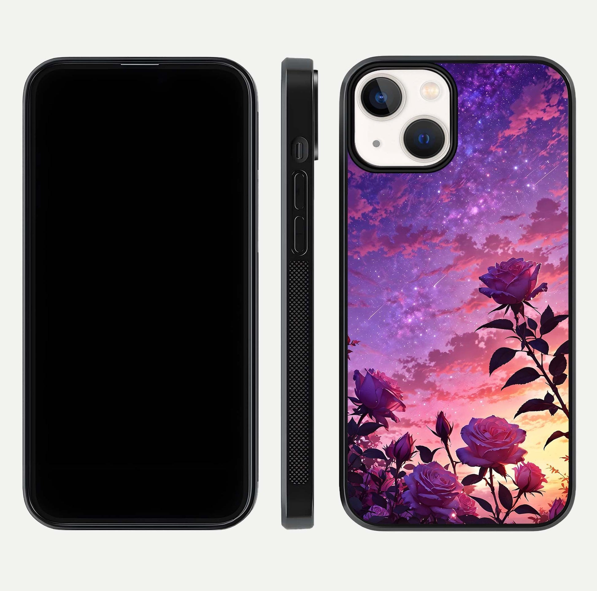 Starlit Rose Twilight Glass Case for iPhone 13 Mini front & back layout showing floral blend and glossy edge