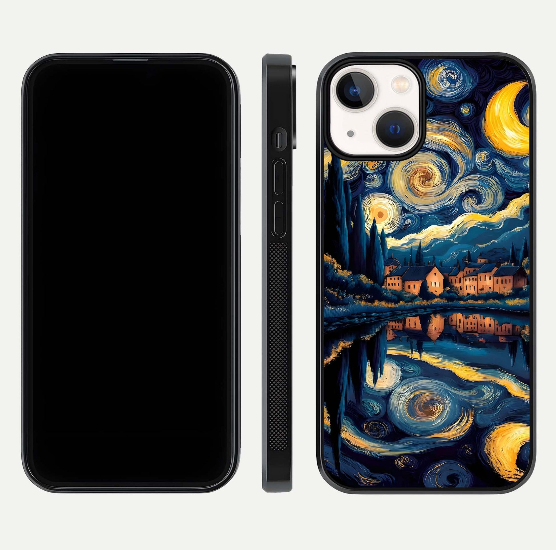 Starry Sky Serenity Glass Case for iPhone 13 Mini front & back layout showing stars and curved glass edges