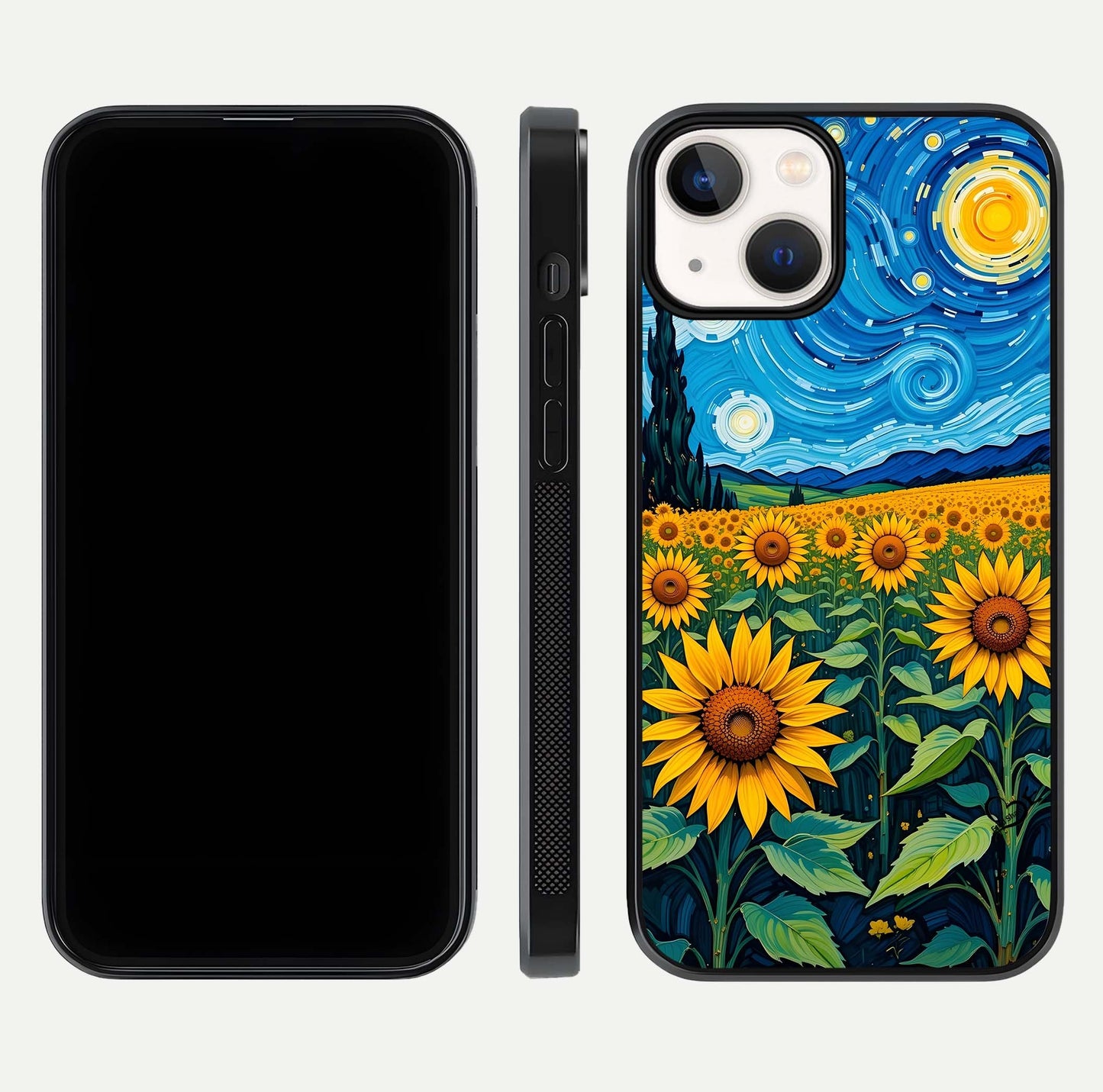 Starry Sunflower Dreams Glass Case for iPhone 13 Mini front & back layout showing floral blend and edge detail