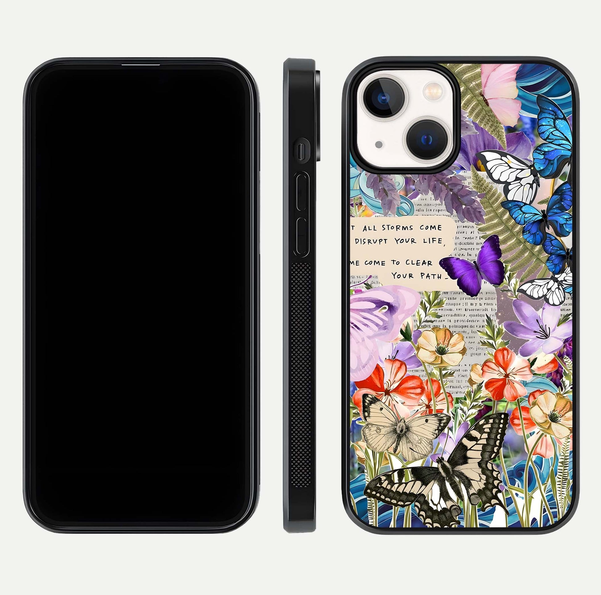 Storm Path Bloom Glass Case for iPhone 13 Mini front & back layout showing moody floral blend and edges