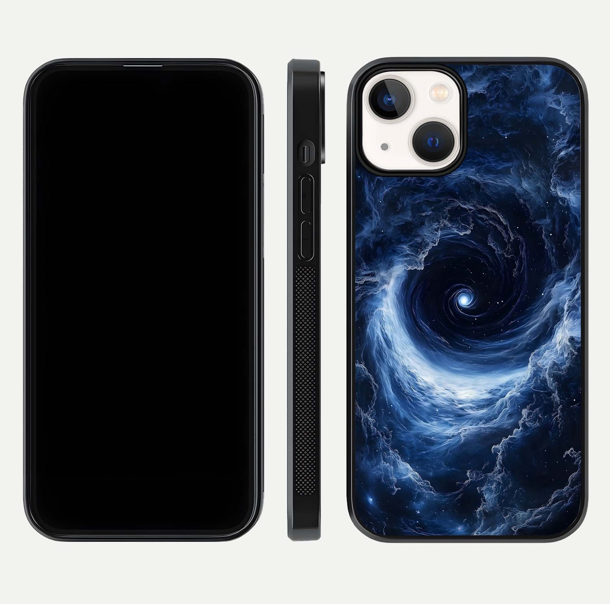 Stunning Galaxy Glass Case for iPhone 13 Mini front & back layout showing deep cosmic hues and clean edges