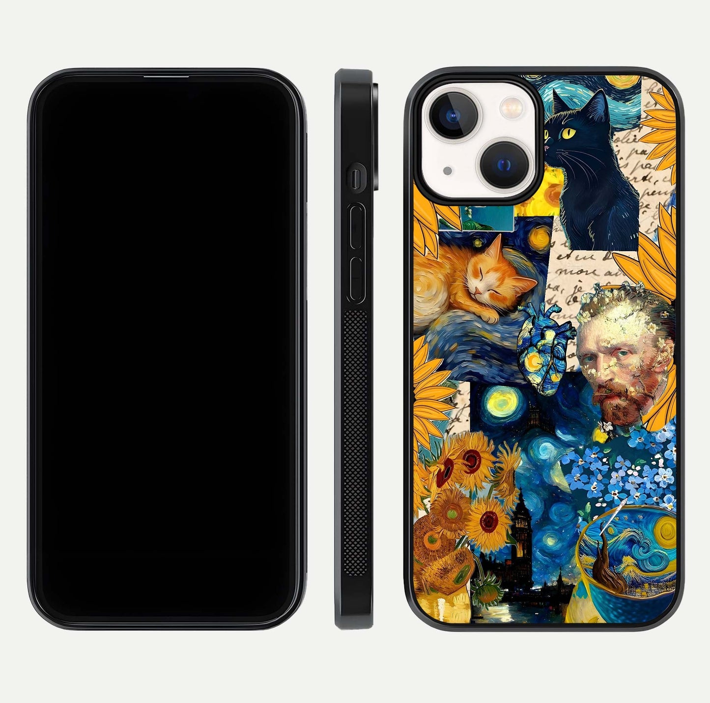 Sunflower Cat Art Glass Case for iPhone 13 Mini front & back layout showing detailed floral cat design and edges
